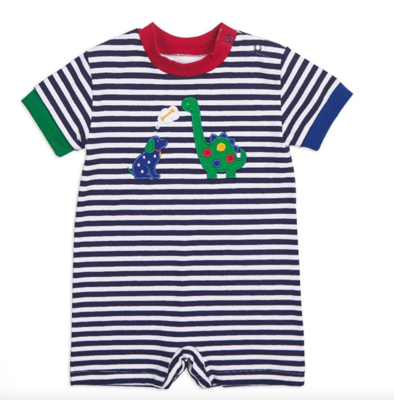 Stripe Knit Shortall With Dog & Dinosaur 3M-24M