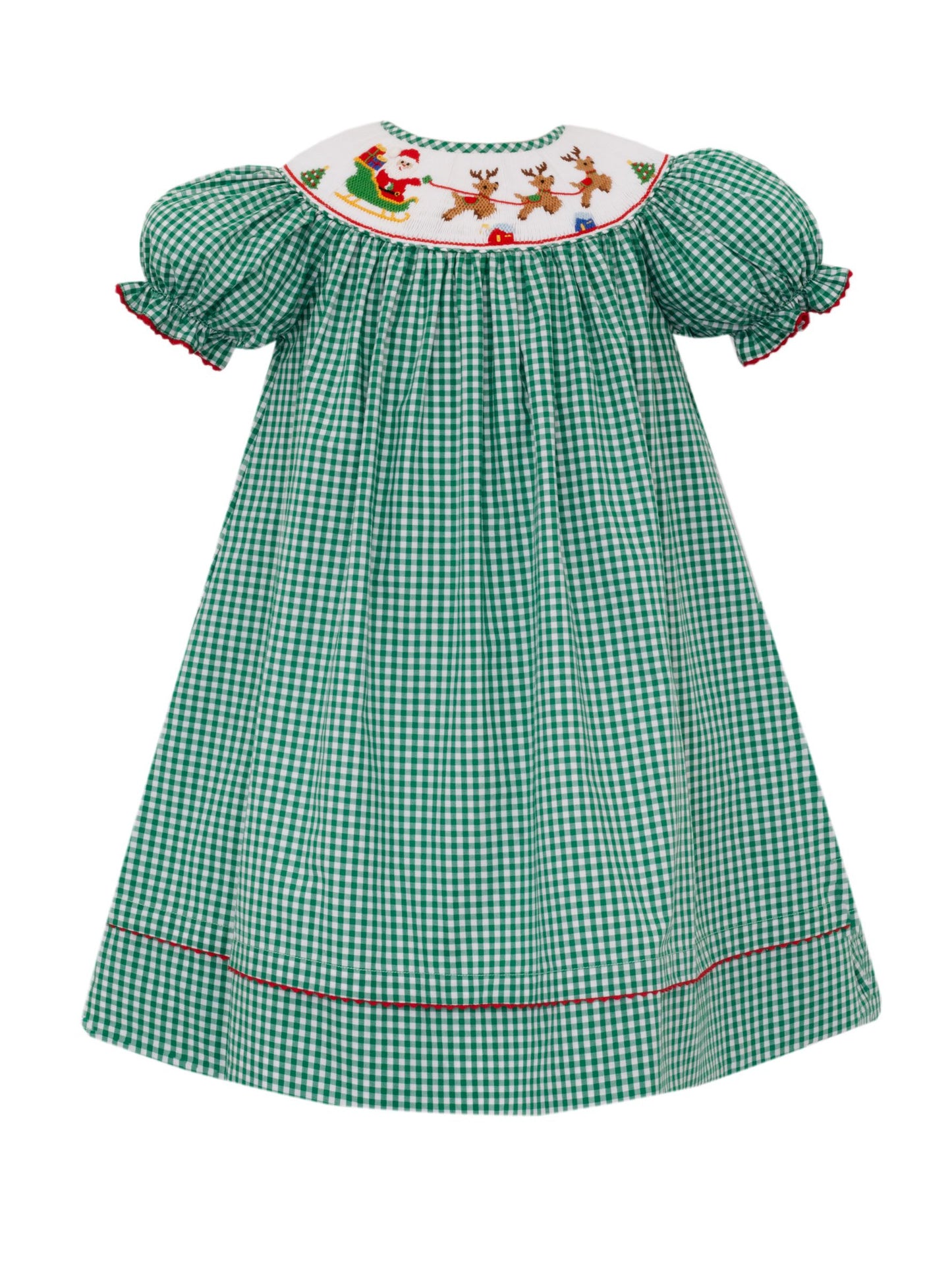 SANTA SLEIGH GIRL´S - Green gingham girl´s bishop S/S