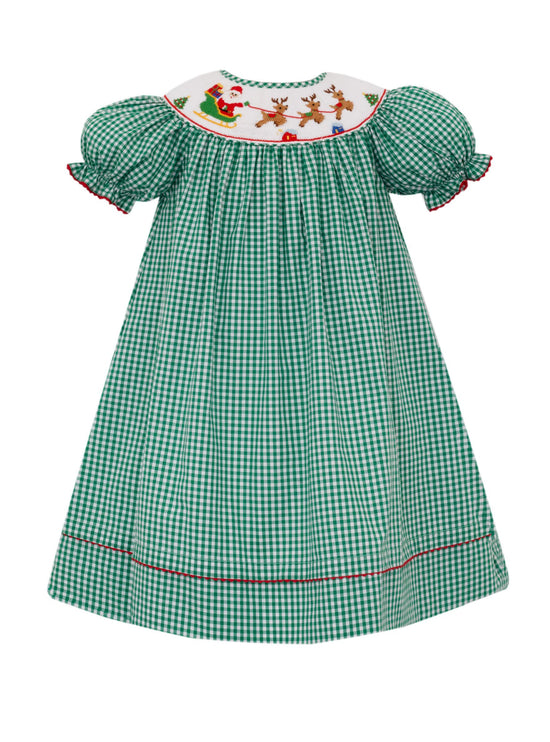 SANTA SLEIGH GIRL´S - Green gingham girl´s bishop S/S