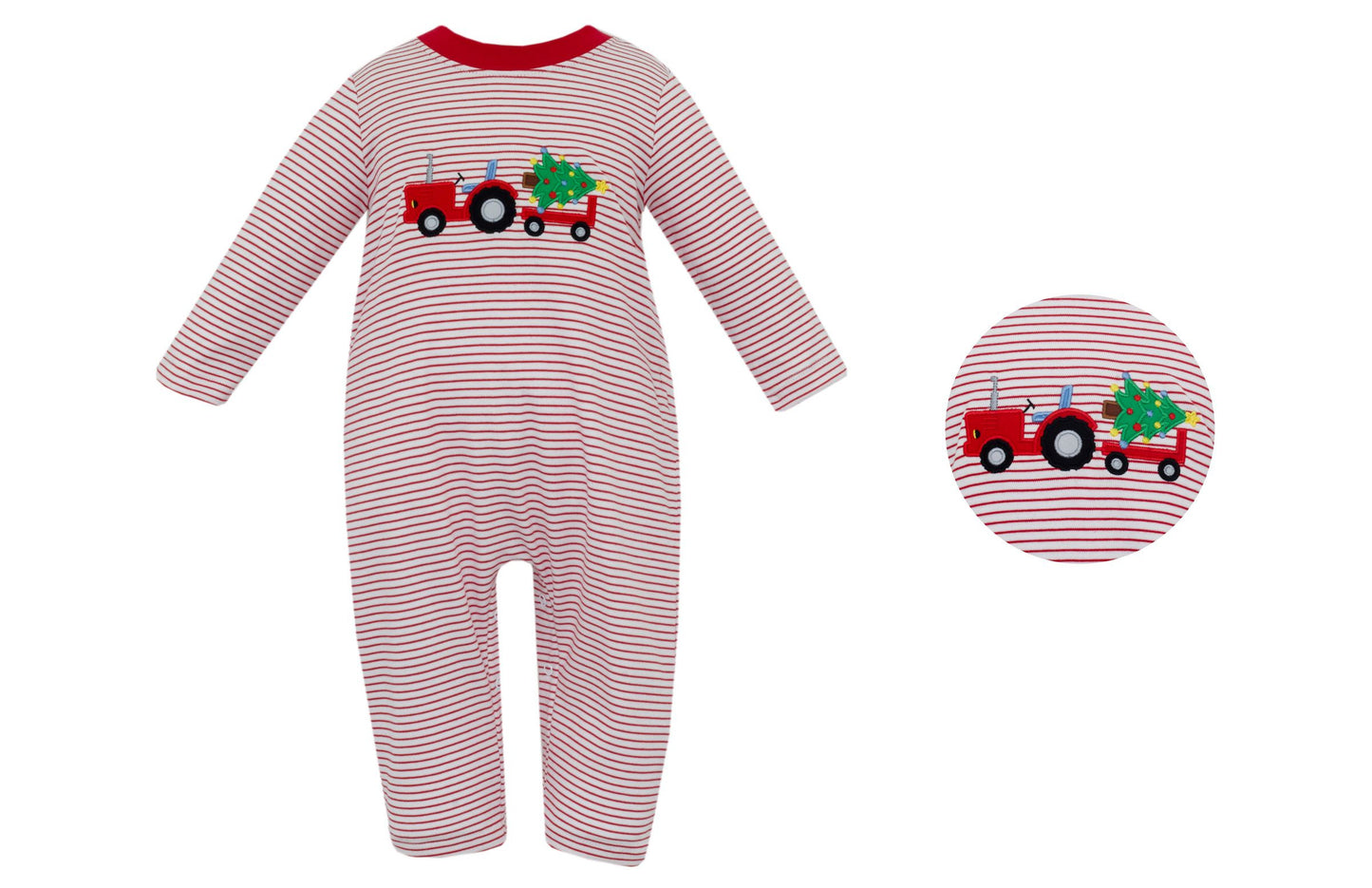 TRACTOR WITH TREE- Red knit stripe boy´s long romper 0
