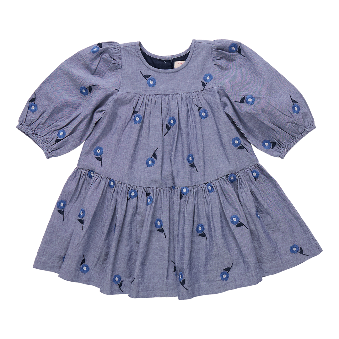 Girls Fiona Dress - Blue Blossom Embroidery
