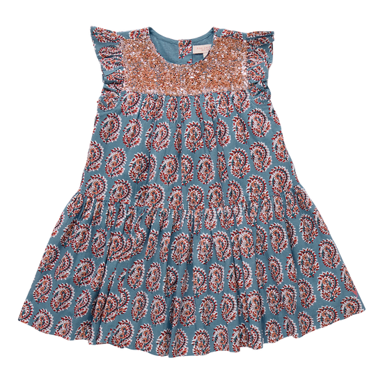 Girls Fiona Ruffle Dress - Blue Paisley