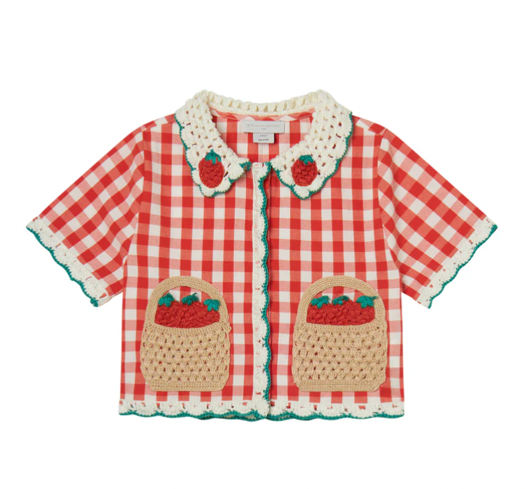 SS Check Shirt with Crochet Strawberry Basket