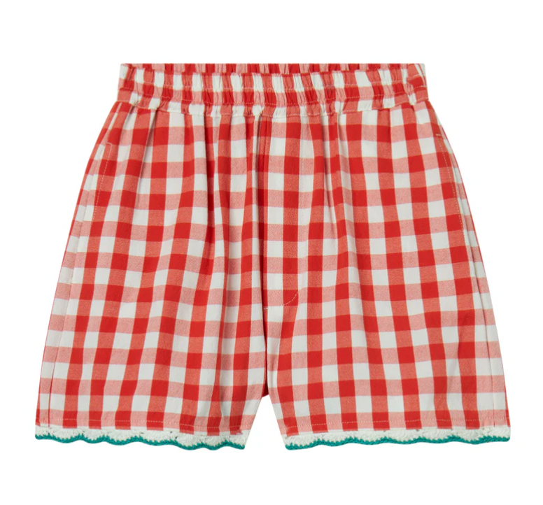 Check Shorts with Crochet Strawberry Details