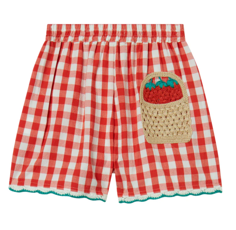 Check Shorts with Crochet Strawberry Details