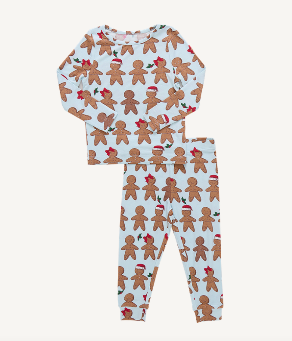 Kids Bamboo PJ Set - Light Blue Gingerbread