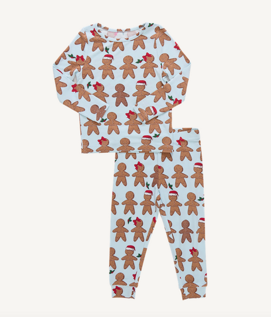 Kids Bamboo PJ Set - Light Blue Gingerbread