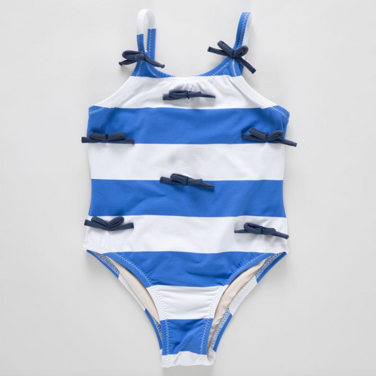 Girls Lottie Bow Suit - Wide Blue Stripe
