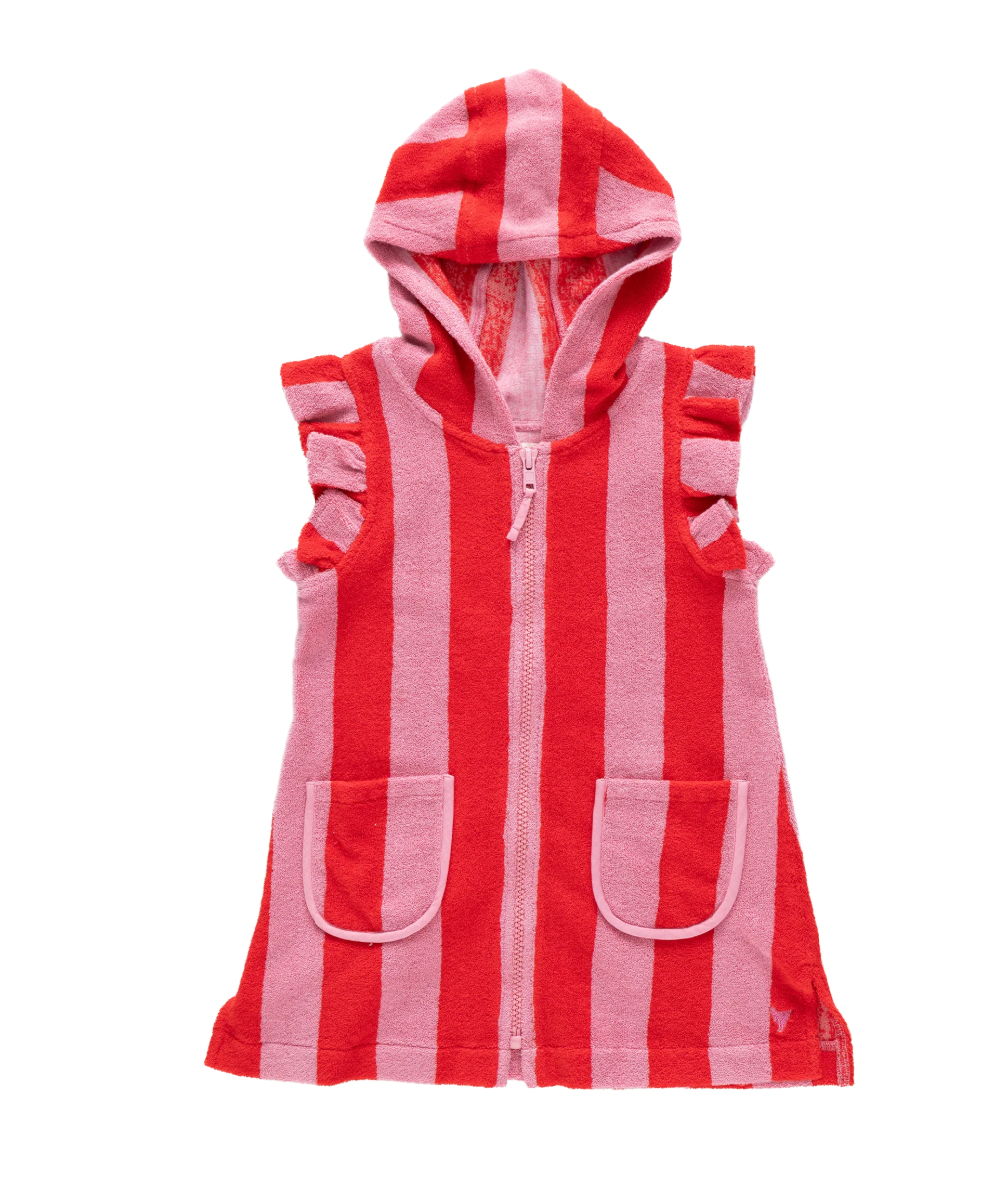 Girls Terry Coverup - Pink Red Stripe