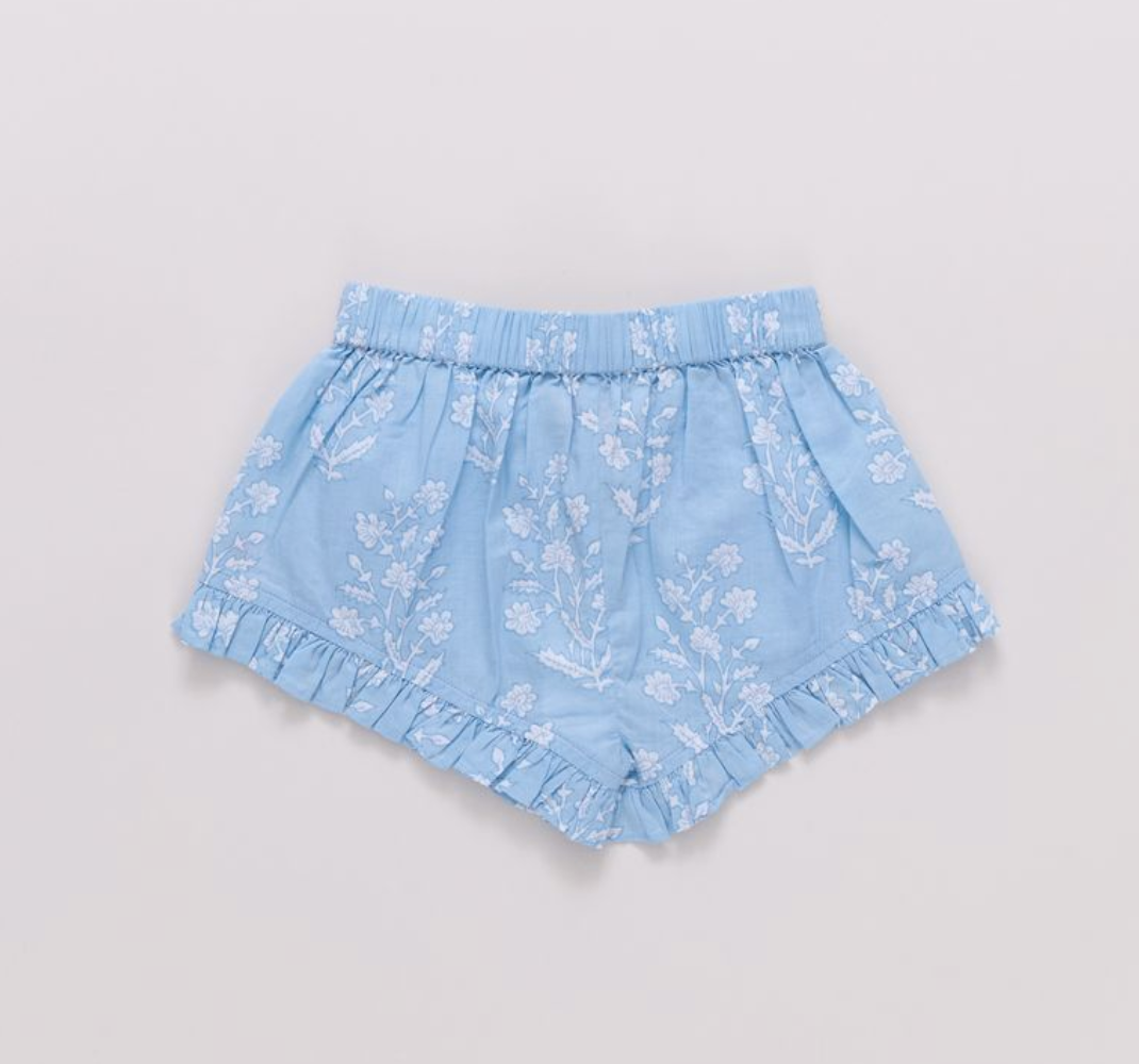 Girls Millie Ruffle Short - Blue Dewdrop Block Print