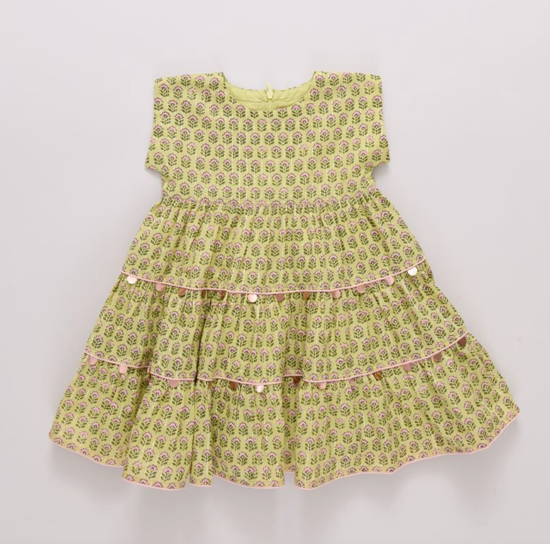 Girls Peachy Dress - Green Prairie Block Print