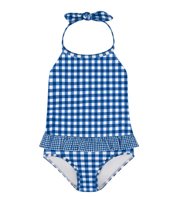 girls navy gingham ruffle halter one piece