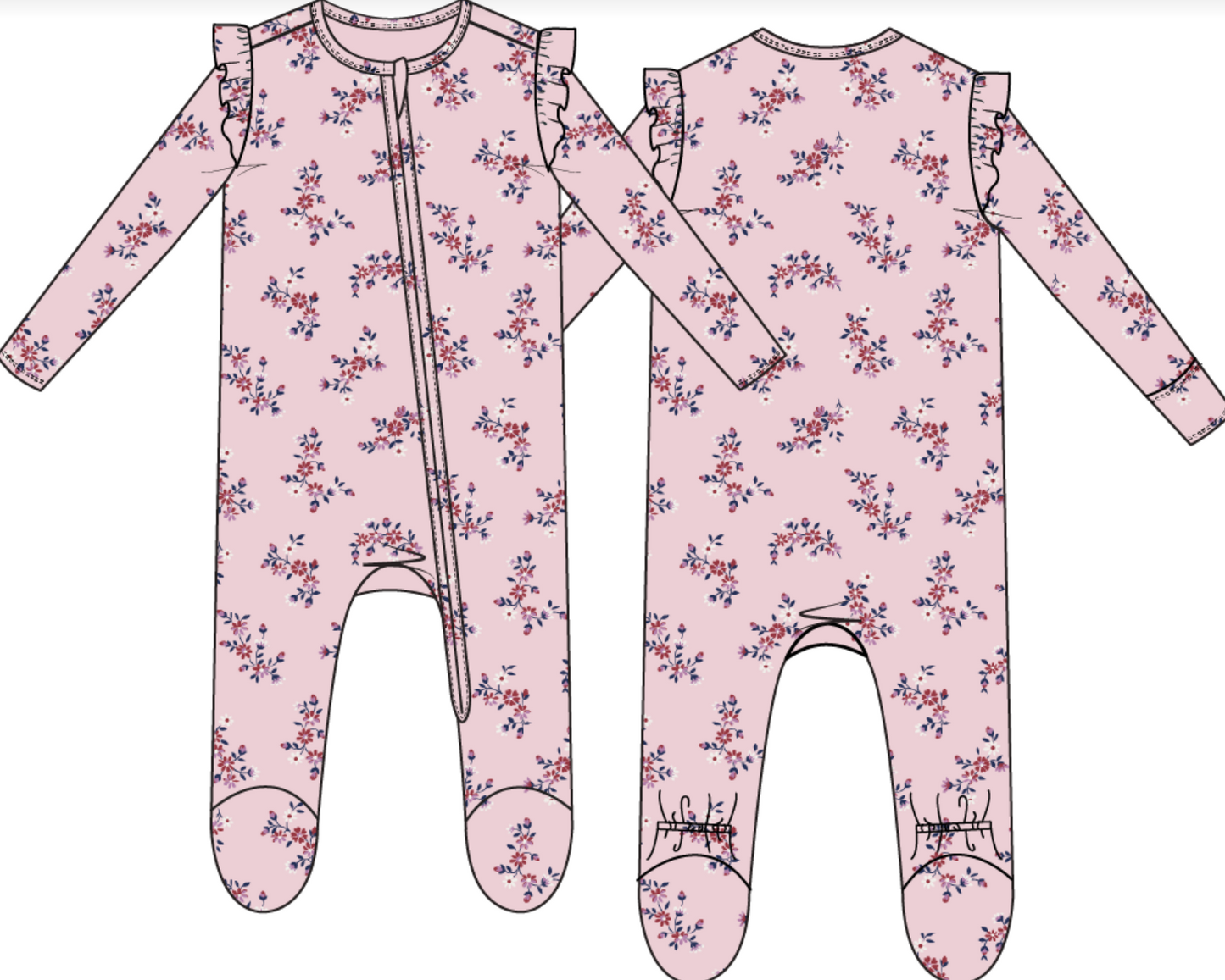 Nora Floral Velour - 2 Way Ruffle Sleeve Zipper Footie