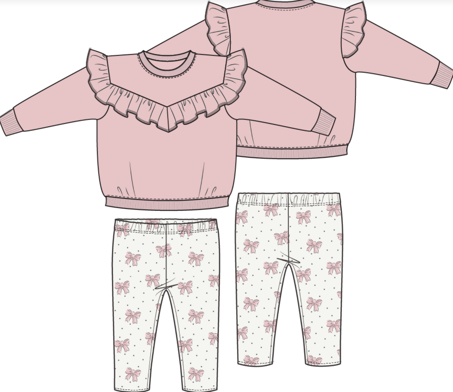 Veiled Pink Bows - V-Ruffle Sweatshirt and Legging
