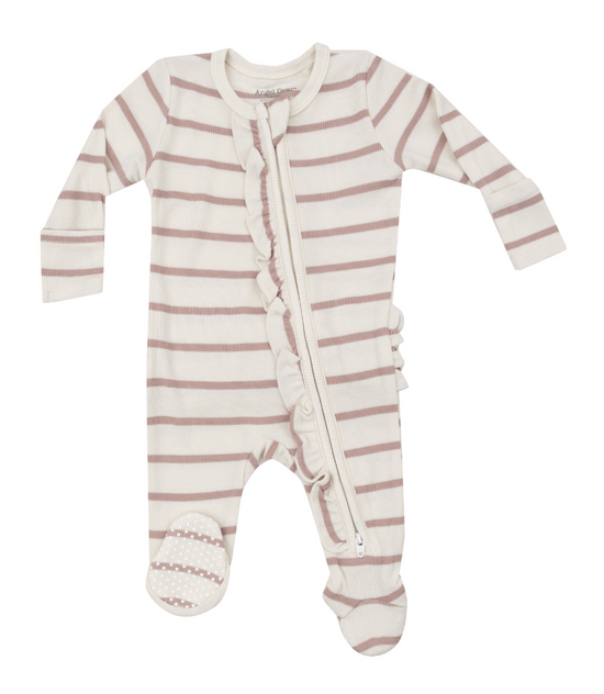 Ribbed Striped 2 way ruffle zipper footie